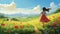 Sunlit Path: A Beautiful Anime-inspired Illustration Of A Young Girl Among Poppies