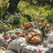 A sunlit picnic spread with a feast of bread, Easter eggs, and wildflowers in a meadow. It reflects a joyous, family