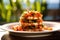 sunlit profile image of bruschetta stack on a plate