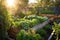 sunlit raised vegetable garden beds with variety of plants