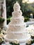 Sunlit Rose-Adorned Wedding Cake in Garden