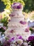 Sunlit Rose-Adorned Wedding Cake in Garden