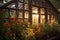 sunlit rustic greenhouse surrounded by flowers