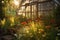 sunlit rustic greenhouse surrounded by wildflowers
