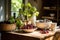 Sunlit rustic kitchen with fresh berries and vintage pottery