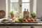 Sunlit rustic kitchen with fresh herbs, tomatoes, and a variety of vegetables on a vintage wooden table