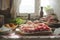 Sunlit rustic kitchen with raw meat cuts, tomatoes, herbs, set for a traditional culinary scene