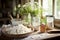 Sunlit rustic kitchen scene with fresh dairy and wildflowers by a window, evoking country simplicity.