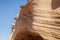 Sunlit sandstone rock formation in the Atlantic coast near Agadir, Morocco