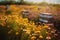 Sunlit scene featuring a field of colorful, blossoming flowers, with bees busily flying from flower to flower, collecting nectar