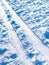 Sunlit ski track lit close up on frozen river