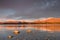 Sunlit stones in shallow water of lake Tekapo at sunset