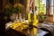 sunlit table with homemade limoncello in elegant bottles