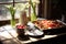 sunlit table with rhubarb crisp and market ambiance