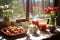 sunlit table with rhubarb crisp and market ambiance