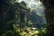 sunlit temple ruins in a dense jungle