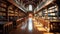 Sunlit vintage library interior with wooden bookshelves and flooring