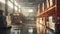 Sunlit warehouse interior with rows of shelves. industrial storage area. empty distribution center. calm industry scene