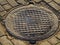 Sunlit, water-covered sewer manhole cover