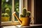 Sunlit watering can and cactus in flower pots on the windowsill. Small balcony garden. Generative ai