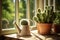 Sunlit watering can and cactus in flower pots on the windowsill. Small balcony garden. Generative ai