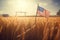 sunlit wheat field, with an American flag standing tall amidst the golden stalks, independence day concept, generative ai