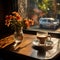 Sunlit window, coffee\\\'s mist, stretched table shadow A morning\\\'s picturesque coffee