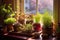 sunlit windowsill with various microgreens in small pots