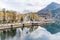 Sunny aerial cityscape of Lecco town on spring day. Picturesque waterfront of Lecco town located between famous Lake Como and