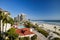 Sunny aerial view of the Historical Hotel del Coronado and beach