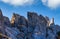 Sunny autumn alpine Dolomites rocky  mountain scene, Sudtirol, Italy. Cinque Torri Five pillars or towers rock famous formation