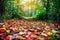 Sunny Autumn path with colorful leaves in the woods