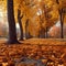 Sunny Autumn Serenity: Leaves Blanket the Park in Nature\\\'s Beauty