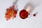 Sunny autumn teatime with rose hip tea in transparent cup, orange rose hip branch with shadows on white wood table top view.