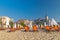 Sunny Beach, Bulgaria - 2 Sep 2018: Umbrellas and chair lounges at Sunny Beach coastline, a major seaside resort on the Black Sea