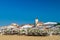 Sunny Beach, Bulgaria - 2 Sep 2018: Umbrellas and chair lounges at Sunny Beach coastline, a major seaside resort on the Black Sea