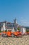 Sunny Beach, Bulgaria - 2 Sep 2018: Umbrellas and chair lounges at Sunny Beach coastline, a major seaside resort on the Black Sea