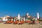 Sunny Beach, Bulgaria - 2 Sep 2018: Umbrellas and chair lounges at Sunny Beach coastline, a major seaside resort on the Black Sea