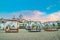 Sunny Beach, Bulgaria - 4 Sep 2018: Umbrellas and chair lounges at sunrise in Sunny Beach, a major seaside resort on the Black Sea