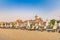 Sunny Beach, Bulgaria - 4 Sep 2018: Umbrellas and chair lounges at sunrise in Sunny Beach, a major seaside resort on the Black Sea