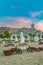 Sunny Beach, Bulgaria - 4 Sep 2018: Umbrellas and chair lounges at sunrise in Sunny Beach, a major seaside resort on the Black Sea