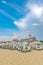 Sunny Beach, Bulgaria - 5 Sep 2018: Umbrellas and chair lounges at Sunny Beach coastline, a major seaside resort on the Black Sea