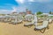 Sunny Beach, Bulgaria - 5 Sep 2018: Umbrellas and chair lounges at Sunny Beach coastline, a major seaside resort on the Black Sea