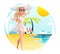 Sunny Beach Cute Happy Girl Walk Planning Summer Tourism Journey Symbol Travel Hotel Palm Trees Ocean Sea Background