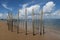 Sunny beach day and an old camboa fishing device on the tropical beach of Barra Grande, Marau Peninsula, Bahia State, Brazil