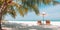 Sunny beach getaway couple destination scenic, honeymoon panoramic wallpaper. Palm tree idyllic sky sea sand