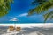 Sunny beach getaway couple destination scenic, honeymoon wallpaper. Palm tree idyllic sky sea sand