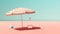 Sunny Beach with Pastel Pink Sand Turquoise Blue Ocean Sky and Parasol Shade Woman in Pink Swimsuit Solar Power Laptop Satellite