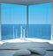 Sunny bedroom interior with seascape view