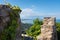 Sunny blue coastal landscape from a ruined rock fortress scenic view